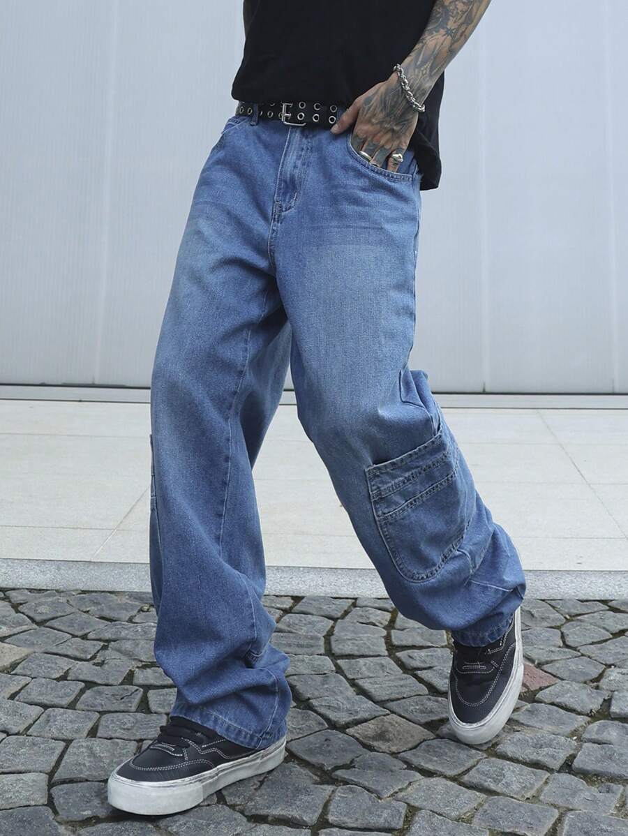 Manfinity EMRG Quần Jeans Denim Rửa Sạch Dáng Thẳng Thường Ngày Cho Nam - Màu xanh lam - Xem 1