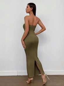 SHEIN PETITE 开叉背筒夏季女装连衣裙 - 橄欖綠 - 查看 2