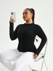 SHEIN Sports Plus Size Plain Zip-Up Front Long Sleeve Casual Sports Jacket - Black - View 6