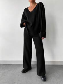 EURMUSE Women's Solid Color V-Neck Drop Shoulder Long Sleeve Sweater And Knit Pants Casual 2-Piece Set, Autumn/Winter - Black - View 5