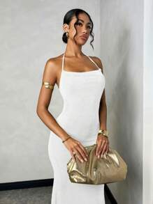 SHEIN BAE 女士纯绿色浪漫假日海滩约会日常简约优雅露背细肩带长裙、正式礼服、露背连衣裙 - 白色 - 查看 5