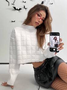 SHEIN EZwear Jacquard Knit Turtleneck Long Sleeve Cropped Sweater - White - View 3