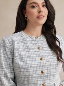 BizChic Plus Size Button Front Long Sleeve Faux Pocket Plaid Blouse & Mini Skirt Suit Two Pieces Set - Black and White - View 5