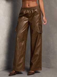SHEIN BAE Women's Elastic Waist PU Leather Wide Leg Loose Fashion Pants - Brown - View 6