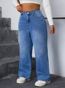 SHEIN EZwear Plus High Waist Straight Leg Jeans - Medium Wash - View 4