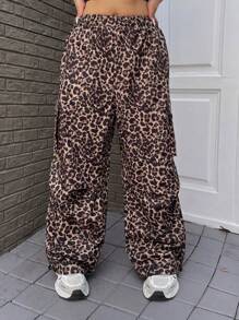 Flirla Plus Size Women Leopard Print Vintage American Style Casual Cargo Pants - Multicolor - View 4