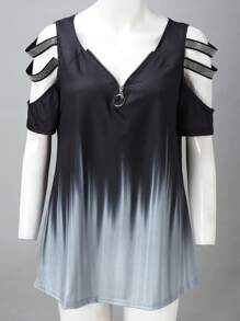 INAWLY Camiseta casual de verano para mujer con bloqueo de color, hombros descubiertos, manga corta y cremallera en la abertura - Gris - Ver 3
