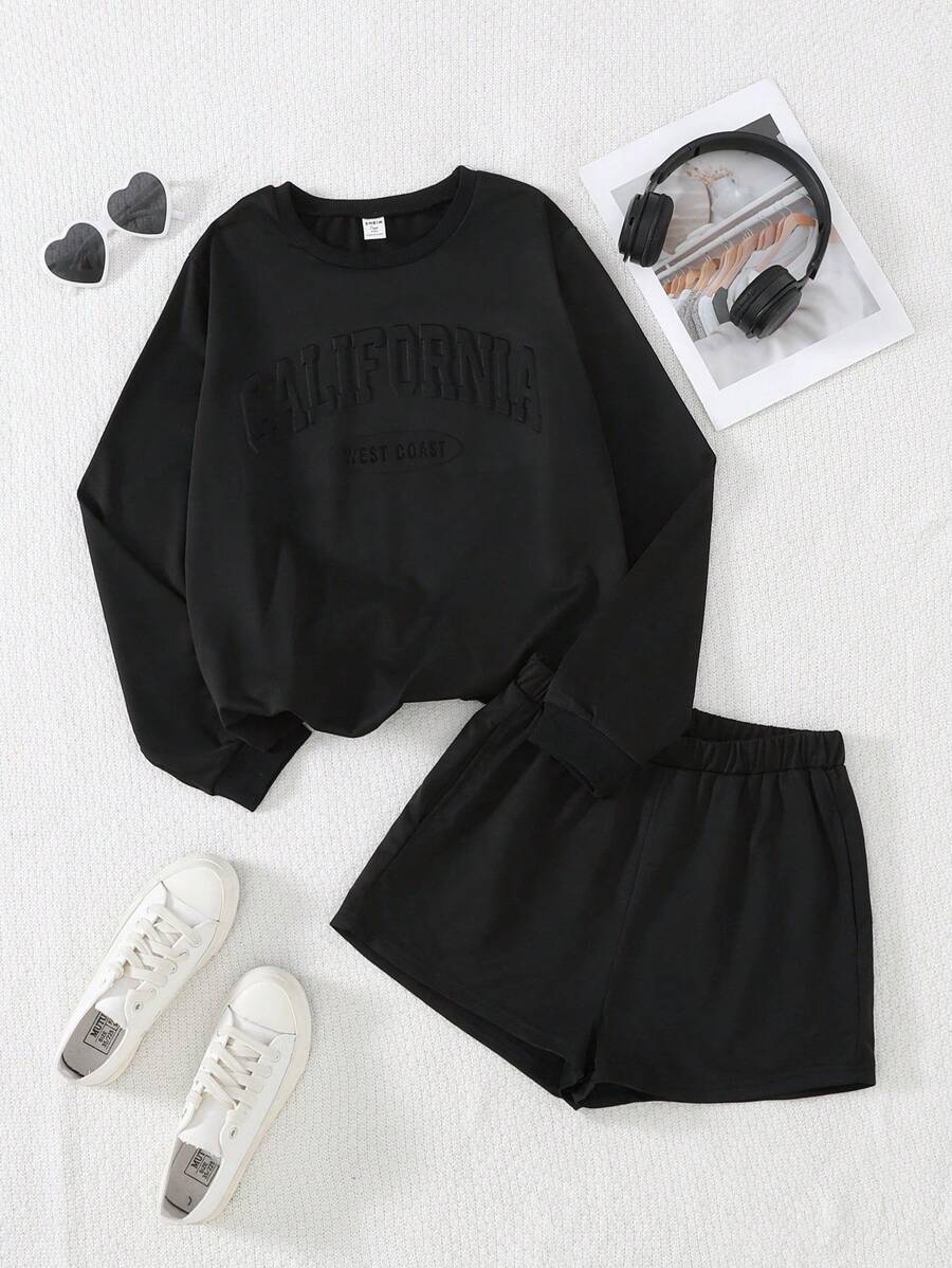 SHEIN Teen Girl 2pcs Casual Letter Print Sweatshirt And Shorts Set
