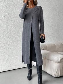 SHEIN Clasi Suéter de cuello redondo largo de punto para señoras