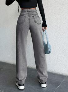 EURMUSE 100% Cotton Women Mid-Rise Washed Dark Color Straight Leg Jeans ,Petite Women - Grey - View 2