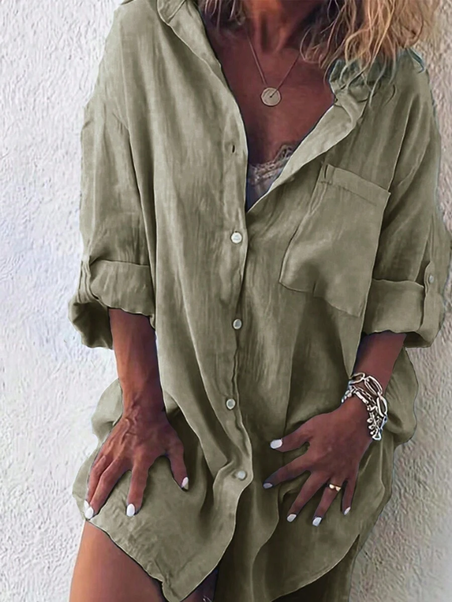Women Linen Button Down Blouse - Green - View 1