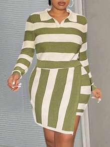 Slaydiva 2pcs Asymmetric Stripes Polo Collar Women Plus Size Casual Knitted Set - Multicolor - View 6