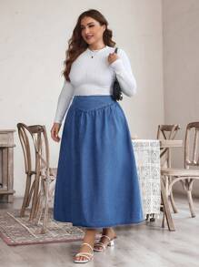 SHEIN LUNE 大码荷叶边简约牛仔裙，休闲日常穿着