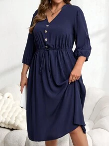 EMERY ROSE Plus Size Women's Plain Front Button Long Sleeve Tie Waist Casual Dress,Fall Women Clothes