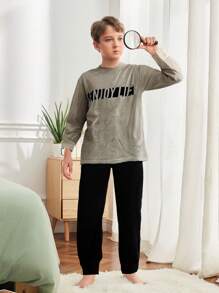 青少年简约灰色英文字母印花卫衣配纯灰色裤子休闲运动服套装 - 淺灰色 - 查看 1