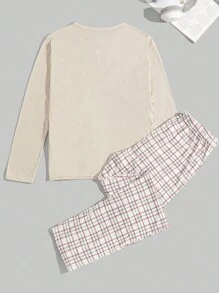 EURMUSE 棉质男士菠萝格子印花常规长袖家居服套装 - 米色 - 查看 2