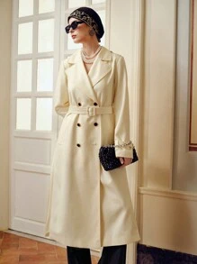 ZEYLAH LAPEL COLLAR DOUBLE BREASTED PLACKET BUCKLE BELTED TRENCH COAT - White - View 7