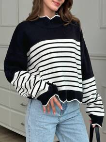 EURMUSE Women Stripe Pattern Mock Neck Drop Shoulder Pullover - Black - View 5