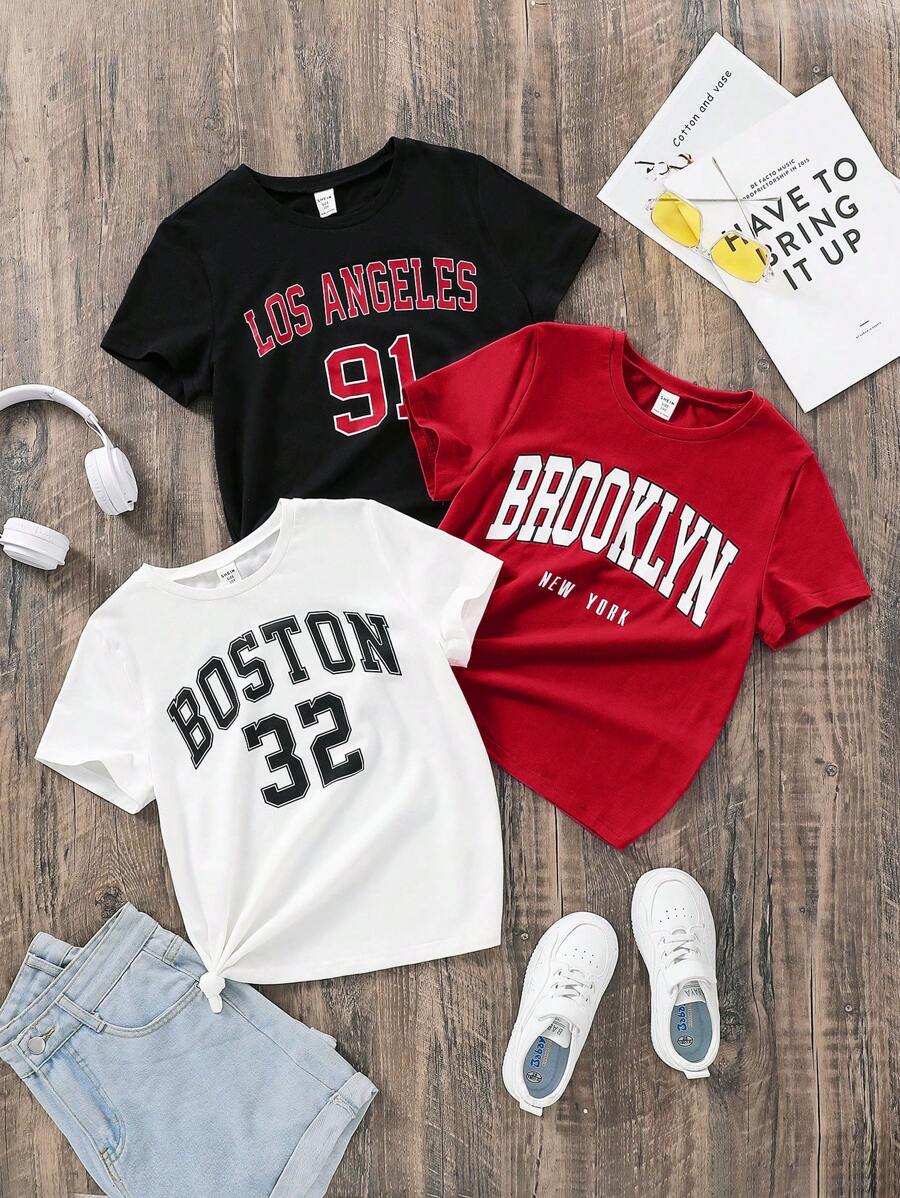 SHEIN 3pcs/Set Tween Girls' Casual Sporty Ribbed Knit Crew Neck Short Sleeve T-Shirts, Spring Summer - Red - View 1