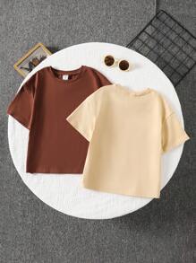 SHEIN Bộ 2 áo thun cổ tròn in chữ đơn giản thoải mái cho bé gái - màu nâu - Xem 2