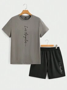 Manfinity LEGND 2pcs Men's Grey Top Black Bottom Short Sleeve Shorts Outfit Set - Multicolor - View 2