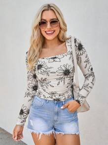 SHEIN LUNE Women's Casual Floral Print T-Shirt, Comfortable Slim Fit Design - Multicolor - View 1