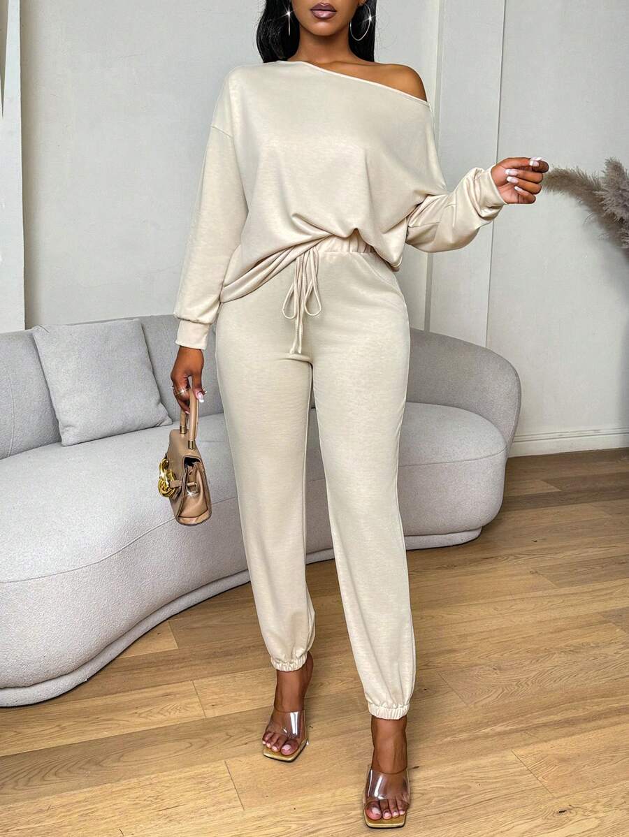 Zolique 2pcs Women Asymmetric Neck Drop Shoulder Long Sleeve Sweatshirt ...