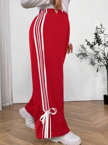 SHEIN EZwear 情人节，秋冬大码女式红色侧边带拼接白条纹裤 - 紅色 - 查看 5