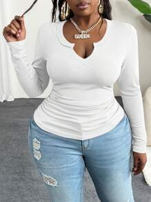 Slaydiva Plus Size V-Neck Basic Ribbed Knit Top, Pink - C