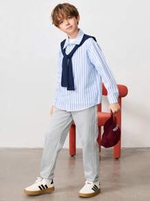 2pcs/Set Tween Boy Casual Striped Collared Button-Up Woven Shirt With Shawl, Long Sleeve
