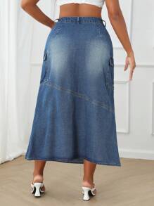 SHEIN Essnce Chân váy denim cài nút cỡ lớn có túi - Rửa tối - Xem 2