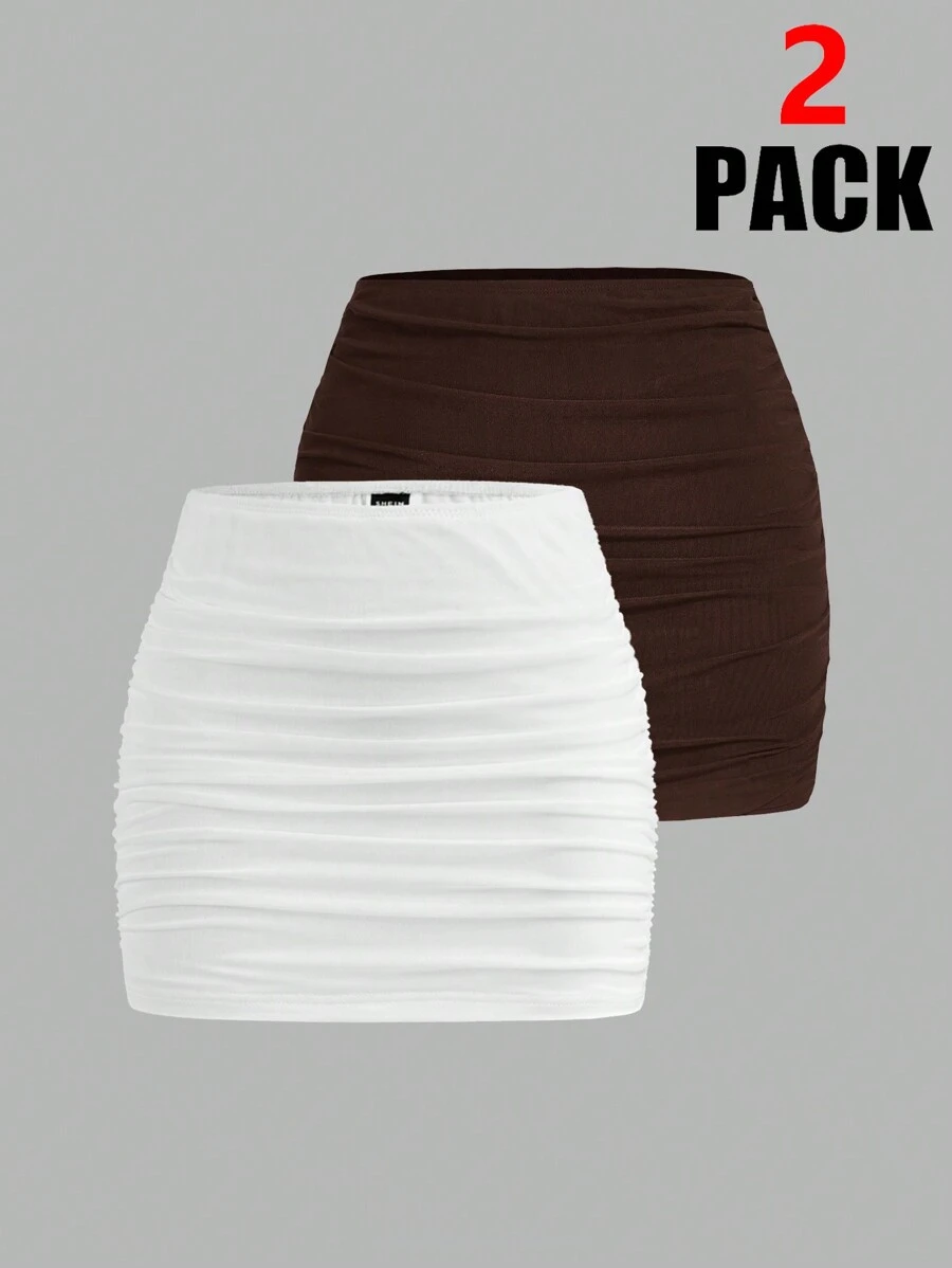 SHEIN EZwear Váy mini mỏng hai lớp lưới mùa hè 2 món/bộ - màu nâu - Xem 1