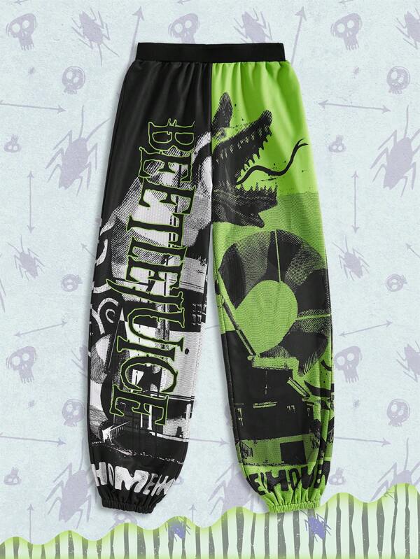 Beetlejuice | ROMWE Plus Size Loose Gothic Color Block Monster Logo Graphic Sweatpants Graduation,Back To School Outfits,Graduation,Teacher Outfits For Women,Back To School