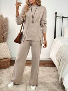 SHEIN RusticEase 2 bộ áo len dài tay hở vai cổ tròn màu trơn xẻ tà và quần dệt kim thường ngày cho nữ, mùa thu đông - Màu Khaki - Xem 4