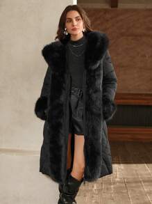 Anewsta Long Thick Fluffy Collar Hooded Two-Way Zip Up  Coat - Black - View 3