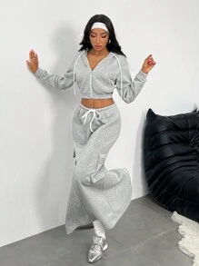 SHEIN SXY 2 sztuki/zestaw damski ciepły polarowy swobodny zestaw bluzy z kapturem i spódnicy