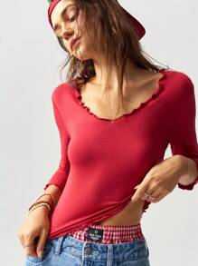 Bohemela Vacation Solid V-Neck Short Sleeve Fitted Regular Ladies' T-Shirt - Red - View 1