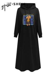 Mulvari 女式卡通人物印花抽绳连帽长袖休闲阿拉伯朴素连衣裙、超长款运动衫连衣裙，秋冬 - 黑色 - 查看 2
