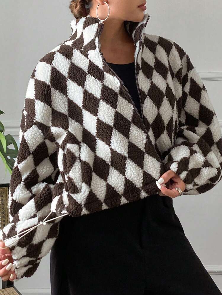Plaid Cropped Relaxed Casual Shearling Jacket For Women Women Coats