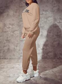 SHEIN SXY 女士圆领落肩长袖字母印花宽松休闲运动衫，秋冬季，长袖上衣 - 駝色 - 查看 4