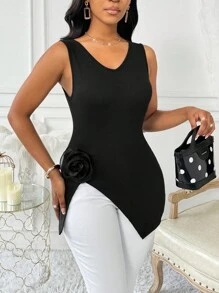 Zolique Tank Top Wanita Tanpa Lengan Leher V Warna Polos dengan Hem Asimetris - Hitam - View 1