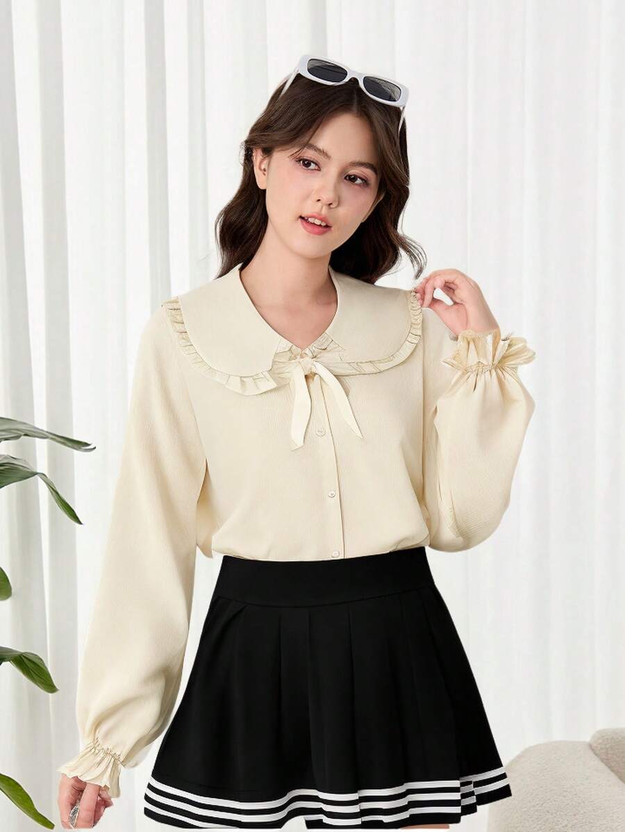 SHEIN Teen Girl Bow Ruffle Collar Lantern Sleeve Casual Blouse - Beige - View 1