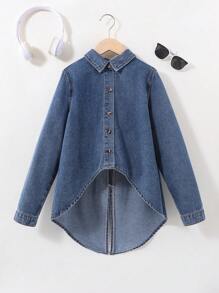 SHEIN Tween 女童翻领前扣可爱牛仔衬衫，后背蝴蝶结装饰和弧形下摆，女童秋装返校装