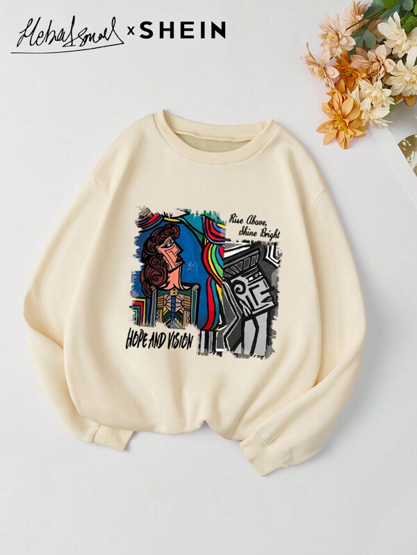 Mulvari Sudadera casual de manga larga con cuello redondo, estampado de eslogan, ajuste suelto, para mujer, para otoño/invierno, pullover cómodo y casual