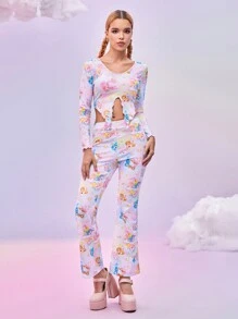 SHEIN X Care Bears 2pcs Women Cartoon Bear Print Knot Hem Cropped Top And Flare Pants Set - Pink - View 3