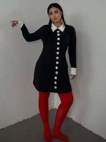 Flirla Plus Size Dark Halloween Wednesday Dress - Black - View 6