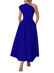 Women's Sleeveless Solid Color Side Pocket Split Hem Dress, Elegant Summer - Blue - View 5