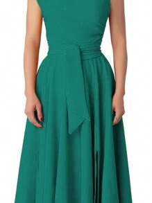Women Summer Solid Color Sleeveless Slit Hem Dress, Elegant - Green - View 5