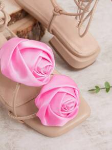 SHUZIA Nude Color&Lace-Up Back Rosette Sandals With Low Heels Spring Shoes Spring Break Easter