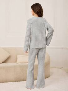 2pcs Teen Girl Sleepwear Set, Gray Minimalist Design Long Sleeve Top And Long Pants Pajama - Grey - View 2